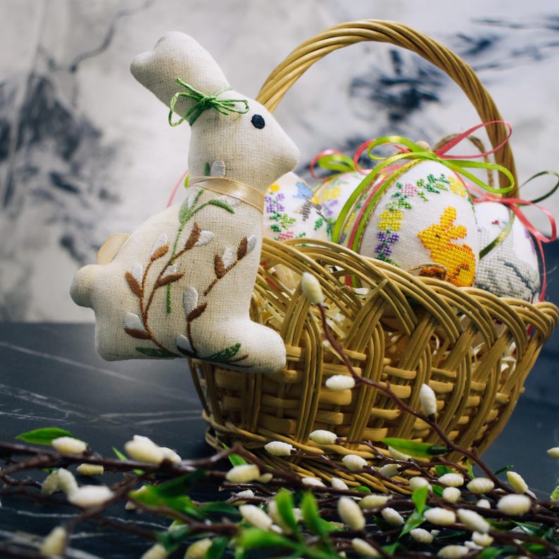 Handmade linen Easter bunny ornament with willow embroidery