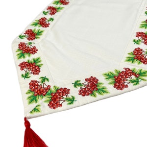 Table Runner with Red Viburnum Berry Embroidery – Folk Floral Table Decor with Tassels, Rustic Holiday Table Centerpiece
