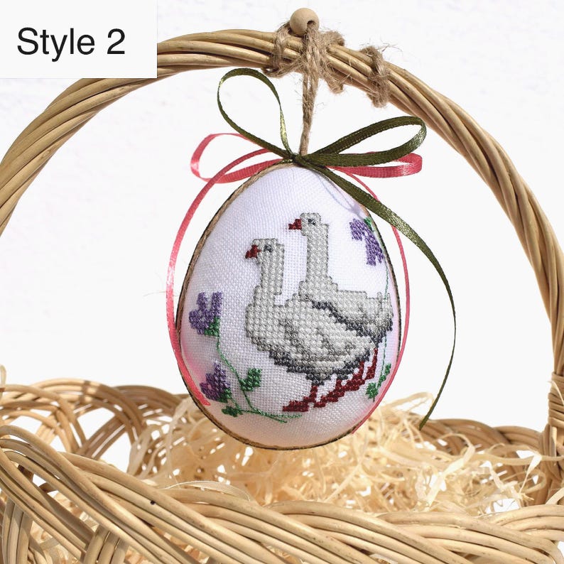 Embroidered Easter egg ornament with white geese and purple flowers – Hanging spring decoration for rustic basket or holiday display