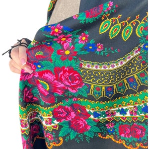 Ukrainian shawl with fringe, Black wool botanical shawl, Printed floral scarf, Viscose scarf lightweight, Large ethic wool shoulder scarf