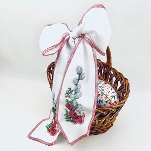 Spring Decorative Bow with Beaded Floral Embroidery, Handmade Seasonal Basket Accent