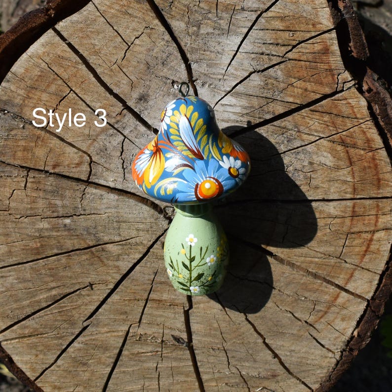 hand painted wooden mushroom ornament, Folk floral woodland decor, Hanging decorations, Gift boxes cottagecore forest accents
