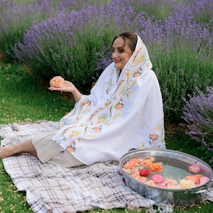 Linen Shawl with Floral Embroidery – White Embroidered Scarf with Peach Flowers, Folk Botanical Wrap