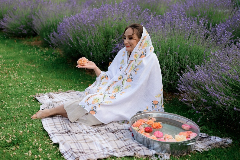 Linen Shawl with Floral Embroidery – White Embroidered Scarf with Peach Flowers, Folk Botanical Wrap