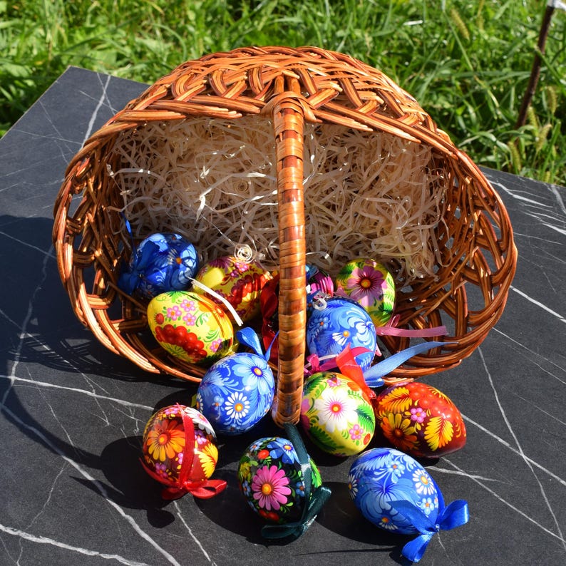 Set of 6 hand painted Easter egg ornaments with ribbons, Ukrainian folk floral wooden eggs, Gift boxed spring decor