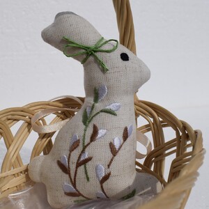 Handmade linen Easter bunny ornament with willow embroidery