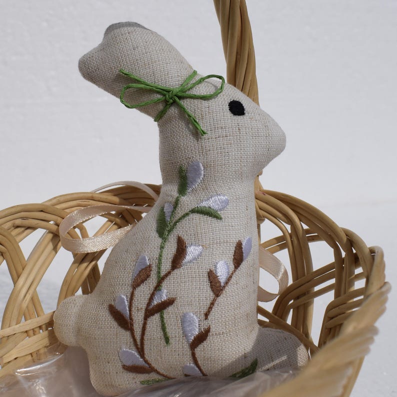 Handmade linen Easter bunny ornament with willow embroidery