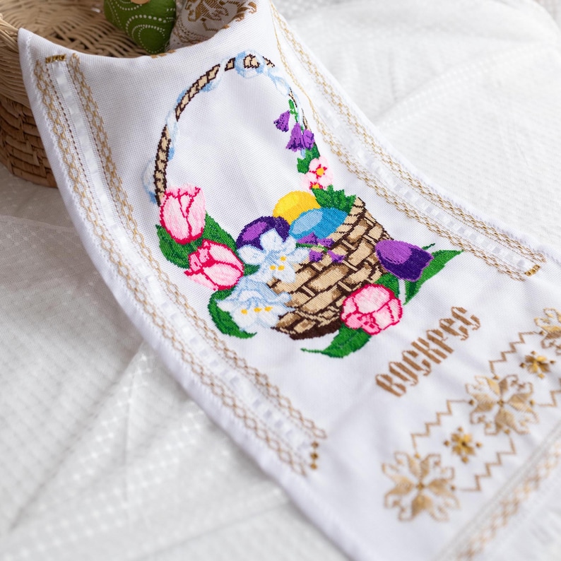 Cross stitch rushnyk with floral & Easter eggs