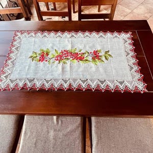 Linen Table Runner with Embroidered Red Berries and Crochet Lace