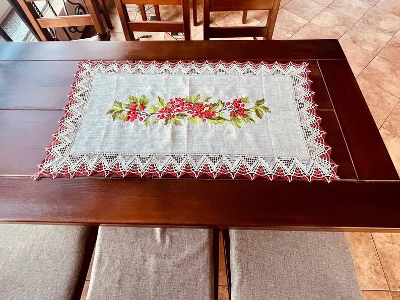 Linen Table Runner with Embroidered Red Berries and Crochet Lace