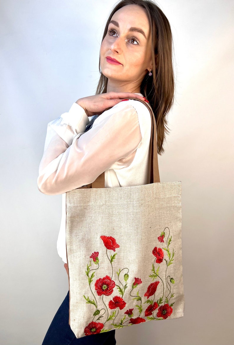 Embroidered Linen Tote Bag with Red Poppies, Symbolic Floral Shoulder Bag, Eco Fabric Shopping Bag, Handmade Textile Accessory