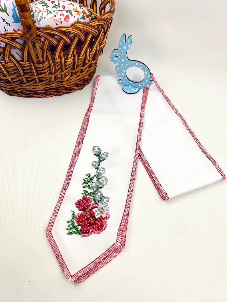 Spring Decorative Bow with Beaded Floral Embroidery, Handmade Seasonal Basket Accent