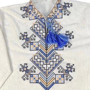 Men’s Ukrainian Embroidered Shirt Vyshyvanka, White Folk Long Sleeve with Blue Geometric Pattern and Tassel Neck, Traditional Slavic Top