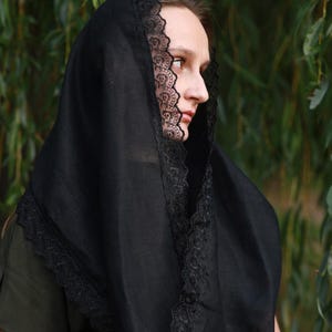 Black lace trim chapel veil scarf mantilla, Modest head covering for church, Orthodox catholic mass, Lightweight linen look prayer shawl