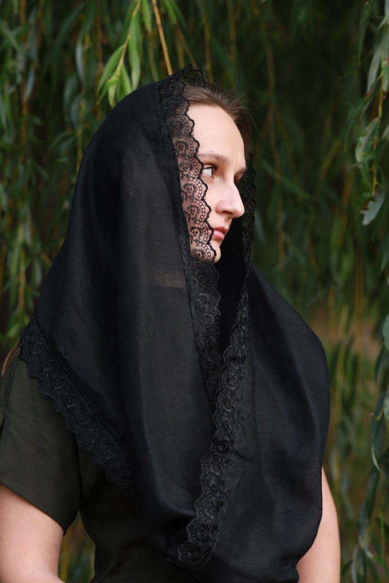Black lace trim chapel veil scarf mantilla, Modest head covering for church, Orthodox catholic mass, Lightweight linen look prayer shawl