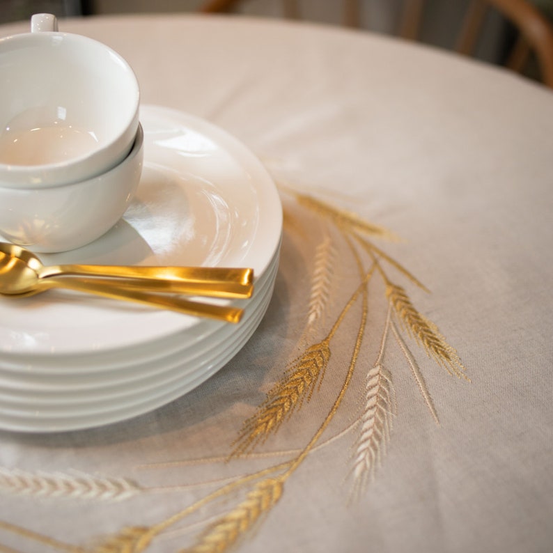 Embroidered Linen Tablecloth with Wheat Motif, Natural White Dining Table Cover, Rustic Farmhouse & Scandinavian Table Decor bild 7