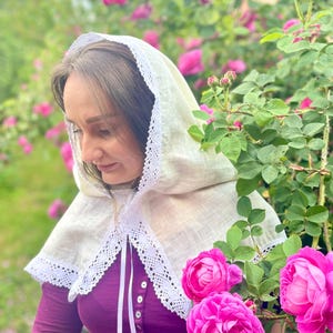 Handmade ivory linen chapel veil for women with crochet lace trim