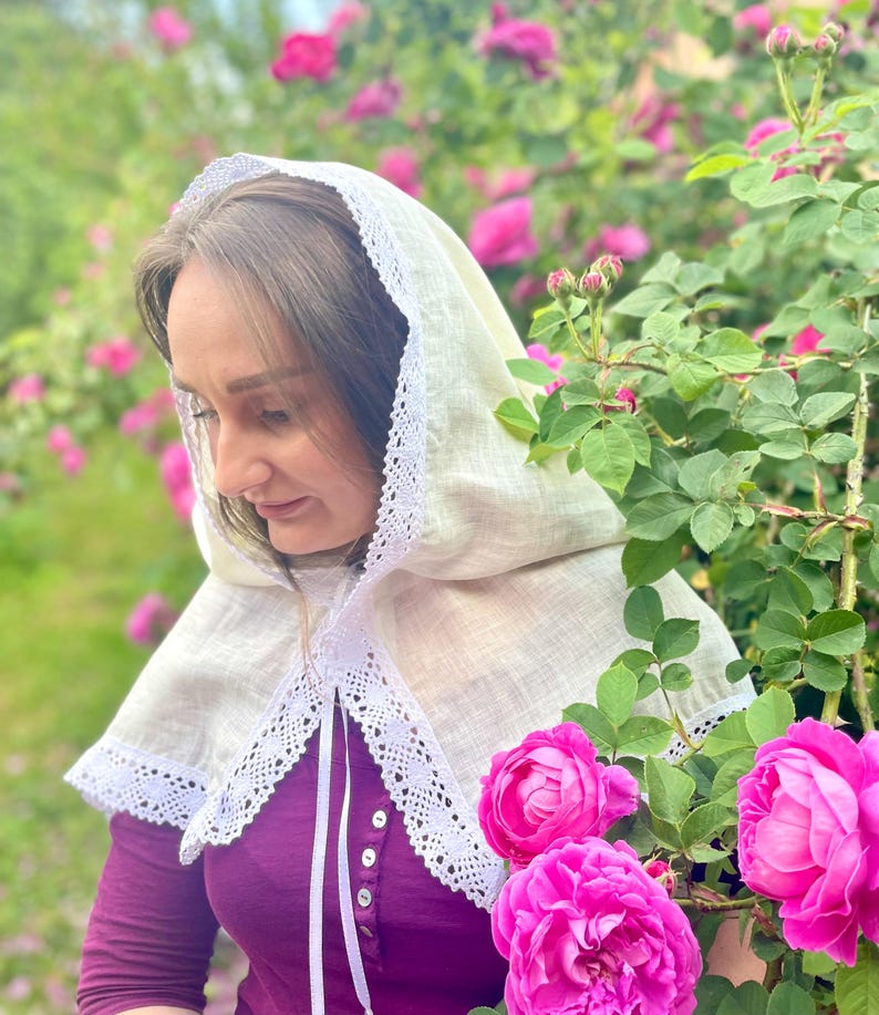 Handmade ivory linen chapel veil for women with crochet lace trim