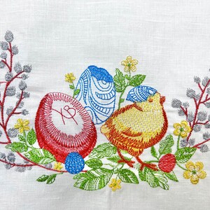 Embroidered Easter Basket Cover, White Linen Cloth with Chick and Easter Eggs, Spring Holiday Bread Basket Liner with Lace Trim