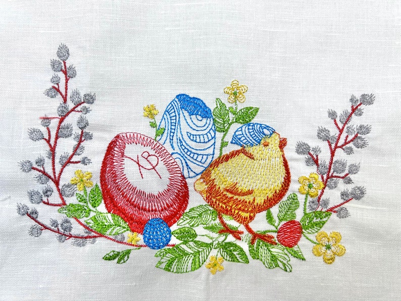 Embroidered Easter Basket Cover, White Linen Cloth with Chick and Easter Eggs, Spring Holiday Bread Basket Liner with Lace Trim