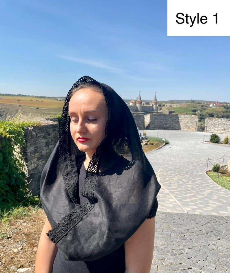 Black chapel veil mantilla snood with crochet lace trim, Modest head covering for orthodox church, Catholic mass, Funeral or prayer shawl