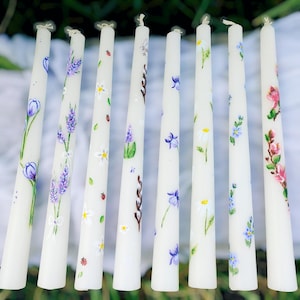 Hand painted floral taper candle set spring botanical dinner candles with wildflowers lavender daisy and forget me not