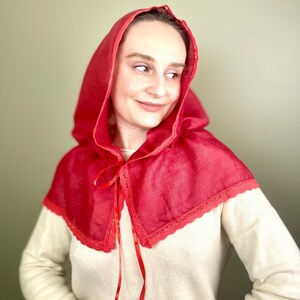 Red linen hooded scarf with lace trim, Lightweight head covering, Vintage inspired capelet