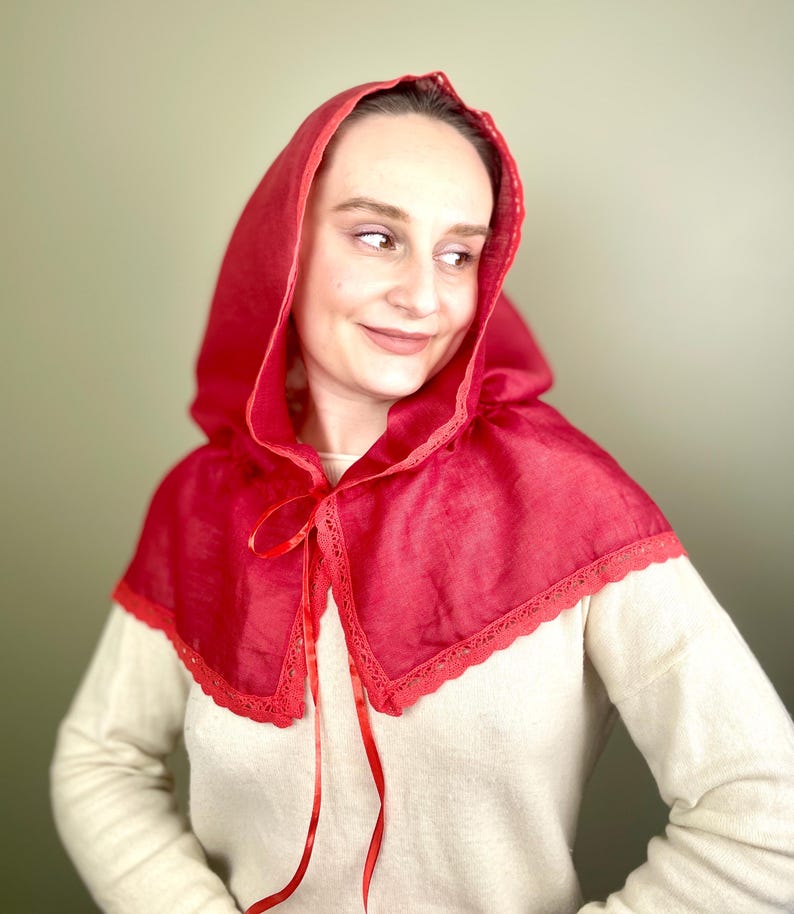 Red linen hooded scarf with lace trim, Lightweight head covering, Vintage inspired capelet