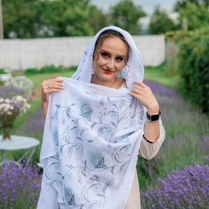 White Linen Shawl with Thistle Floral Embroidery, Lightweight Handmade Scarf, Botanical Wrap, Folk Style Linen Scarf for Women
