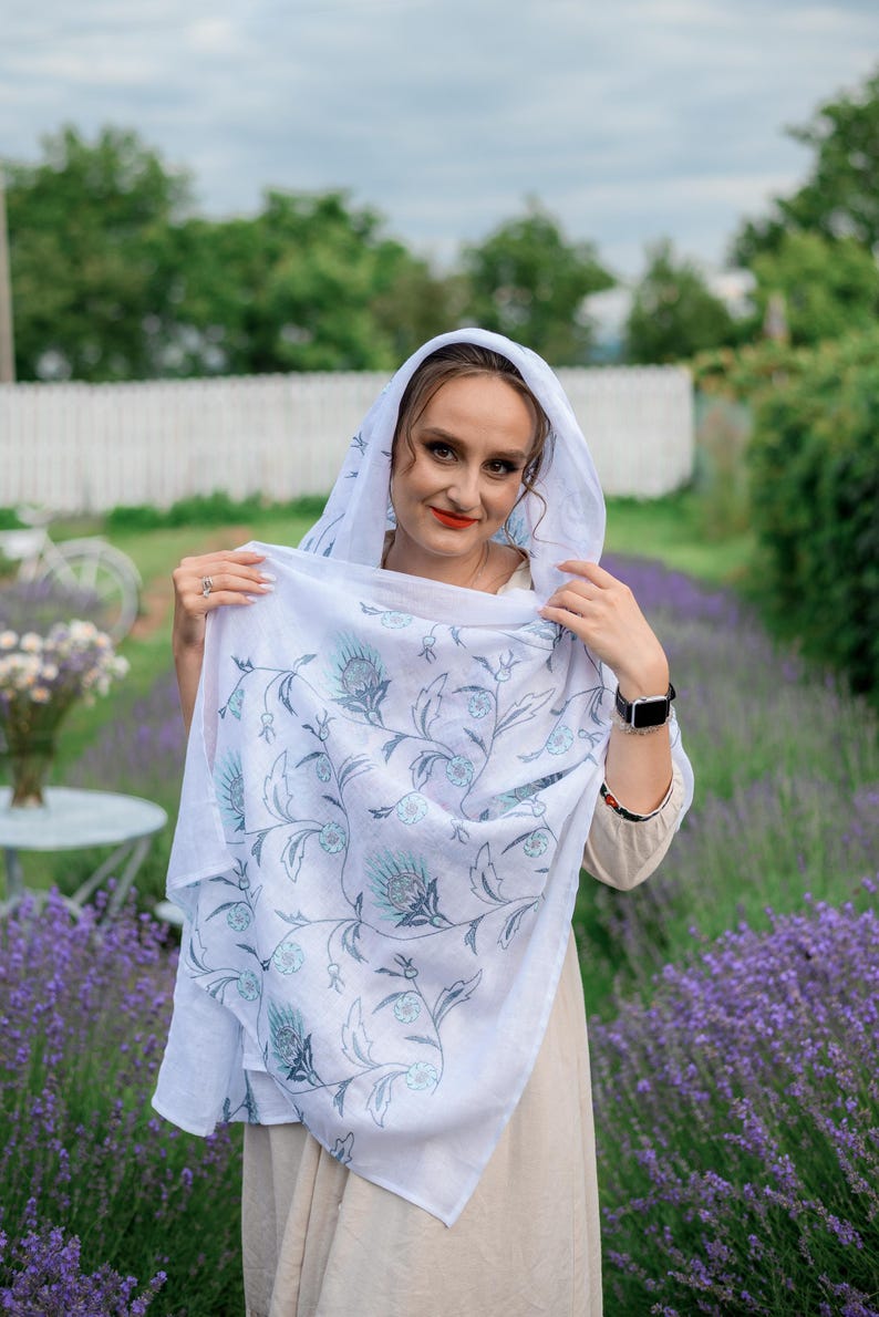 White Linen Shawl with Thistle Floral Embroidery, Lightweight Handmade Scarf, Botanical Wrap, Folk Style Linen Scarf for Women