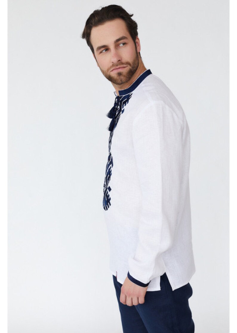 White linen Vishyvanka with blue embroidery, Traditional Ukrainian shirt for men, Hutsul ethnic pattern, Husband present, Ukrainian Gift image 4