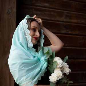Mint green lace chapel veil