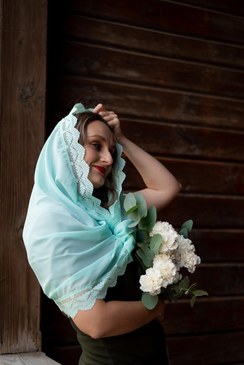 Mint green lace chapel veil