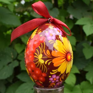 Vibrant floral wooden Easter egg ornament, Burgundy hand painted hanging decoration with yellow red flowers, Slavic folk spring home decor