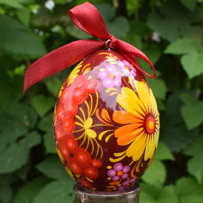 Vibrant floral wooden Easter egg ornament, Burgundy hand painted hanging decoration with yellow red flowers, Slavic folk spring home decor