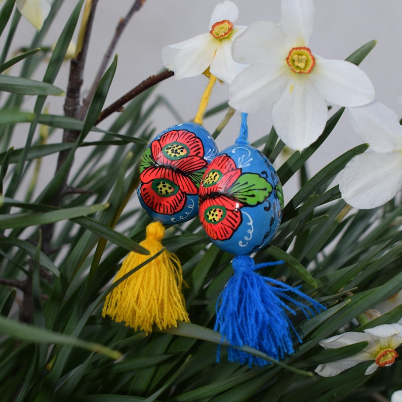 Hand painted wooden Easter egg ornaments with tassels