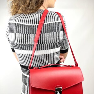 Red Leather Top Handle Bag with Silver Lock Elegant Structured Handbag for Women Classic Shoulder or Clutch Purse Gift