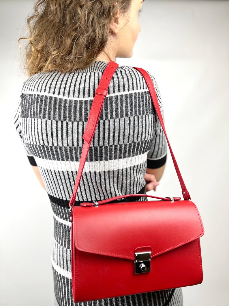 Red Leather Top Handle Bag with Silver Lock Elegant Structured Handbag for Women Classic Shoulder or Clutch Purse Gift