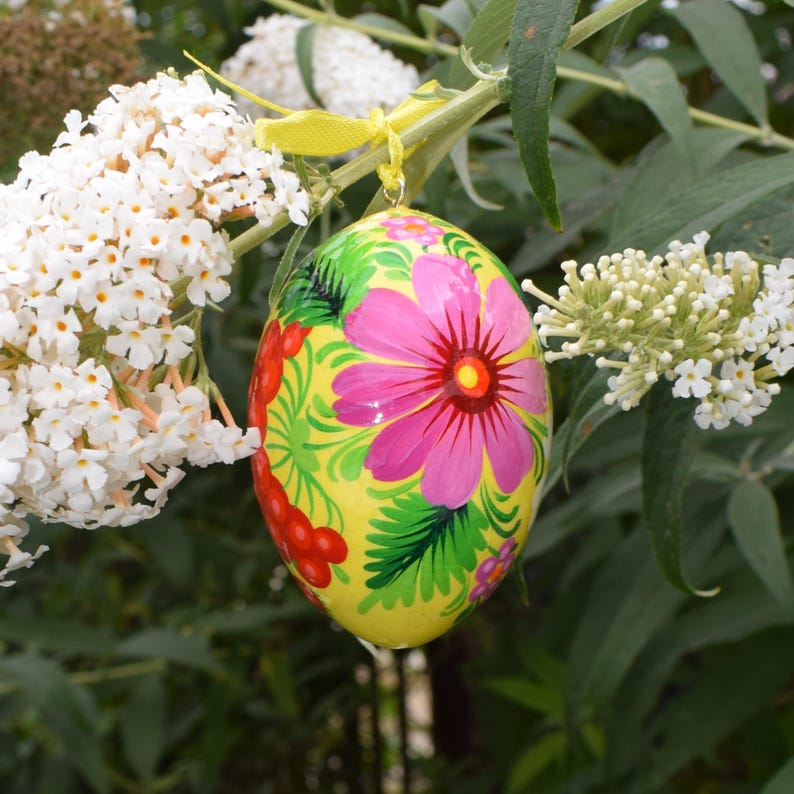 Set of 6 hand painted Easter egg ornaments with ribbons, Ukrainian folk floral wooden eggs, Gift boxed spring decor