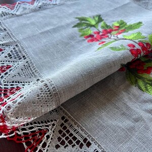 Embroidered Linen Table Runner with Kalyna (Viburnum) Motif and Hand Crochet Lace, Folk Inspired Table Decor