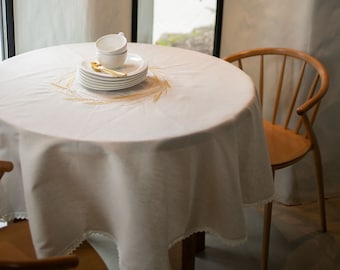Beige round tablecloth, Embroidered linen round 58" tablecloth, Organic tablecloth with embroidered wheat, Farmhouse decor, Pure linens