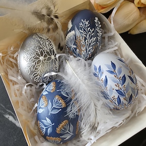 Blue and silver hand painted decorative egg set of 4, Textured botanical eggs, Artisan spring home decor