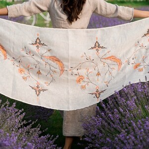 Ivory Linen Embroidered Scarf with Autumn Leaves – Lightweight Floral Shawl Wrap for Women, Modest Head Covering for Prayer or Fall