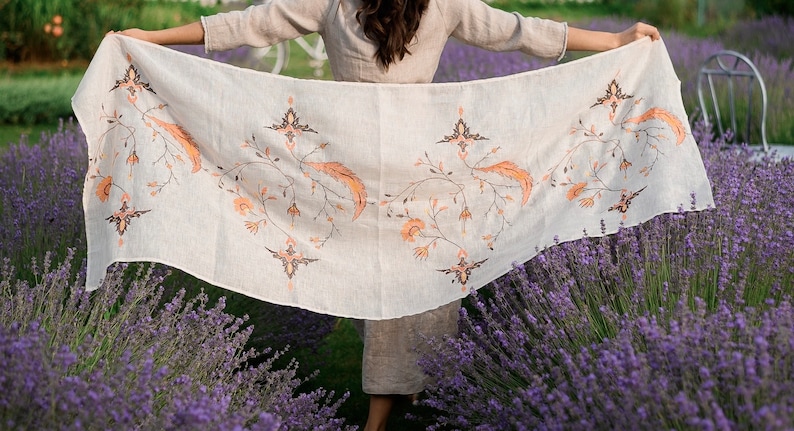 Ivory Linen Embroidered Scarf with Autumn Leaves – Lightweight Floral Shawl Wrap for Women, Modest Head Covering for Prayer or Fall