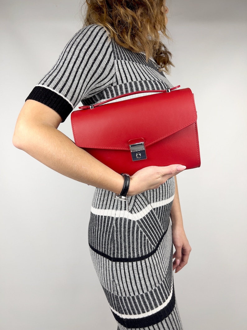 Red Leather Top Handle Bag with Silver Lock Elegant Structured Handbag for Women Classic Shoulder or Clutch Purse Gift