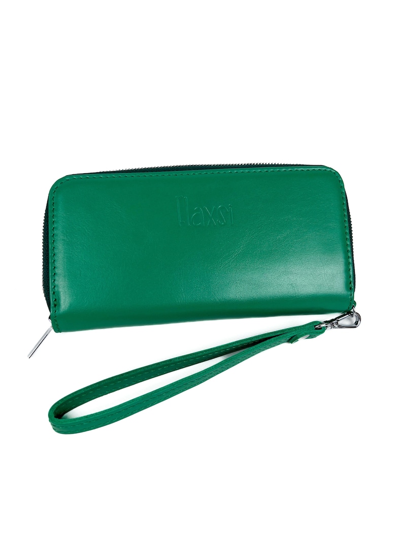 Green Leather Zip Around Wallet with Wristlet Strap for Women