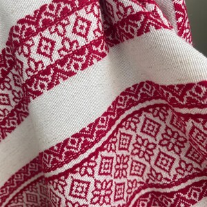 Red woven folk head scarf with geometric pattern, Traditional cotton scarf for women
