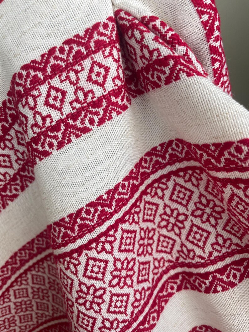 Red woven folk head scarf with geometric pattern, Traditional cotton scarf for women