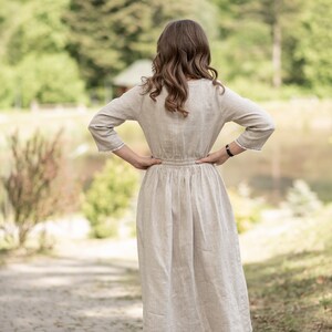Natural Linen Midi Dress with Botanical Embroidery, 3/4 Sleeves and Elastic Waist – Oatmeal Beige Flax Dress with Pockets, Boho Cottagecore