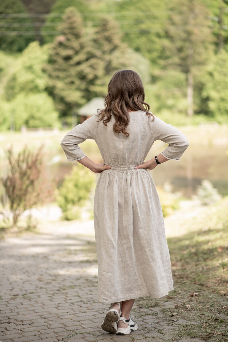 Natural Linen Midi Dress with Botanical Embroidery, 3/4 Sleeves and Elastic Waist – Oatmeal Beige Flax Dress with Pockets, Boho Cottagecore